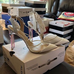 Aldo Fereira Women's Strappy Lace Up Clear Lucite Heels Sandals. White.